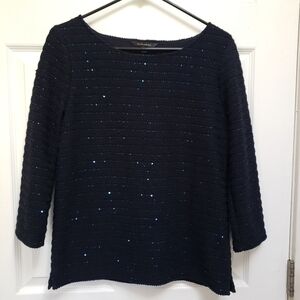 Banana Republic Navy Blue Sequin Stripe 3/4 Sleeve Knit Top Blouse